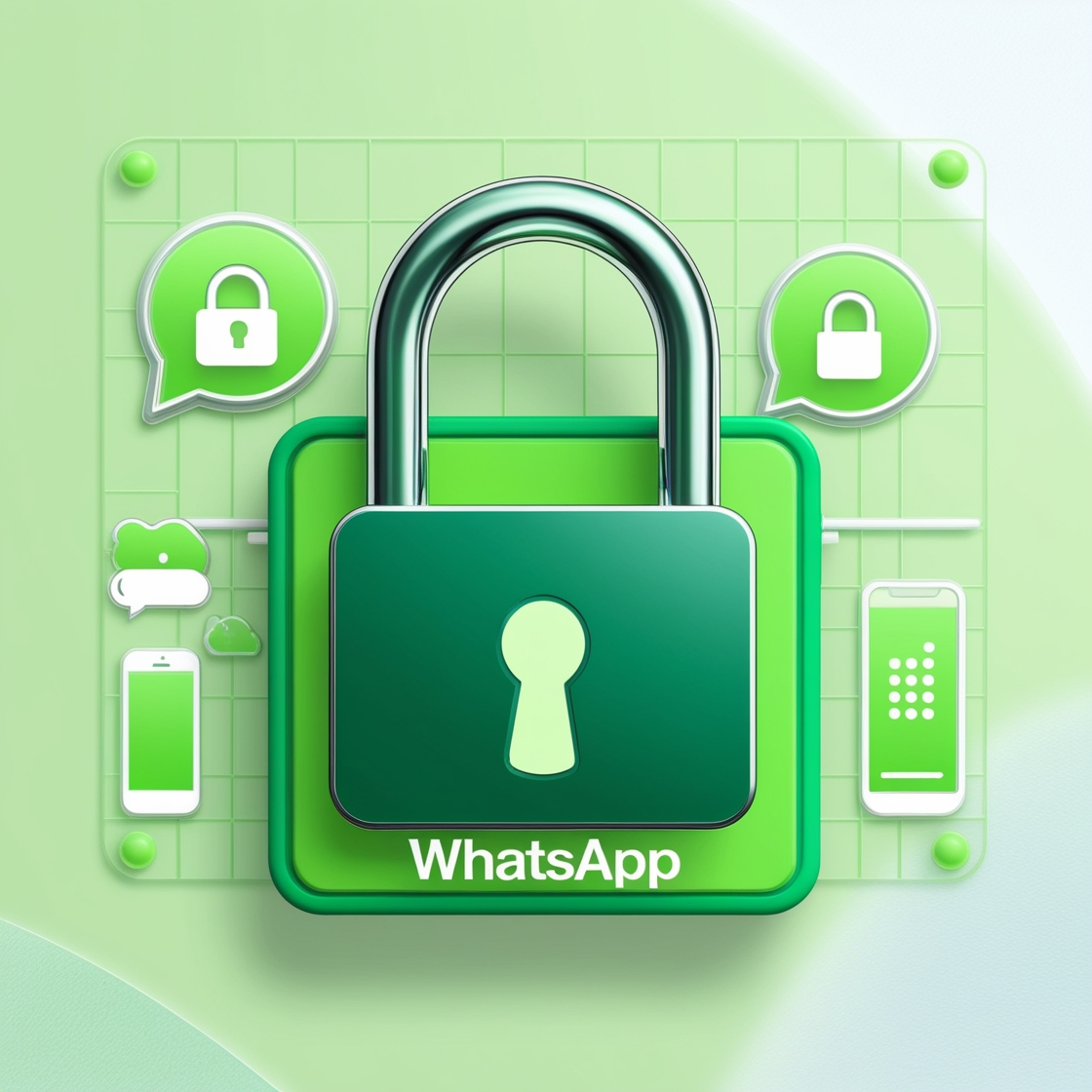 A privacy lock symbol over a WhatsApp interface, showing privacy icons and features.