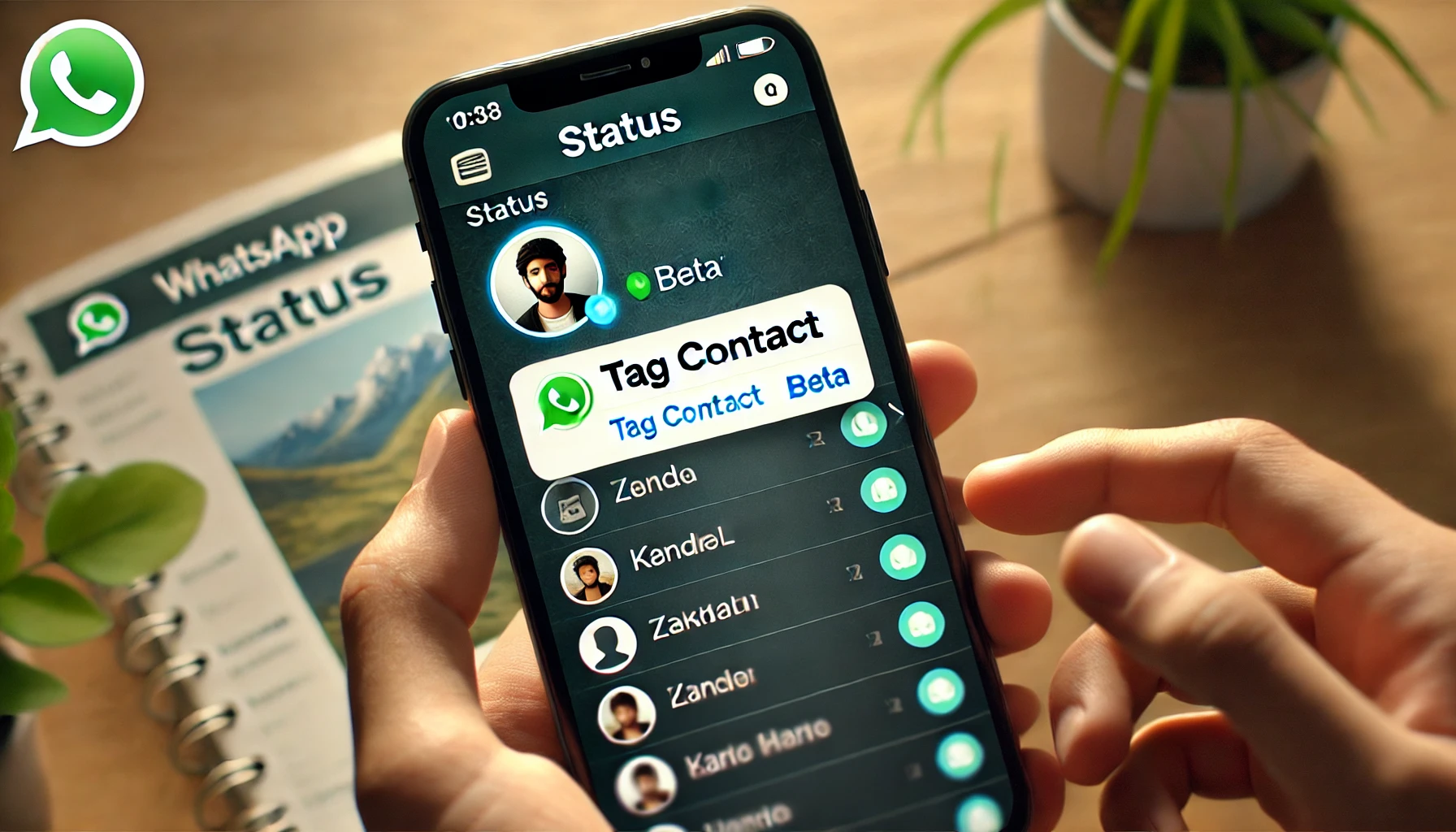  A screenshot of WhatsApp’s status screen with the beta tag visible, highlighting the new “tag contact” feature.