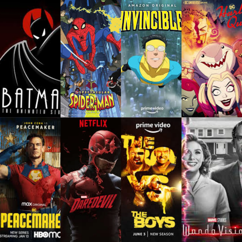 Animated characters, family scenes, or movie covers that appeal to all age groups.