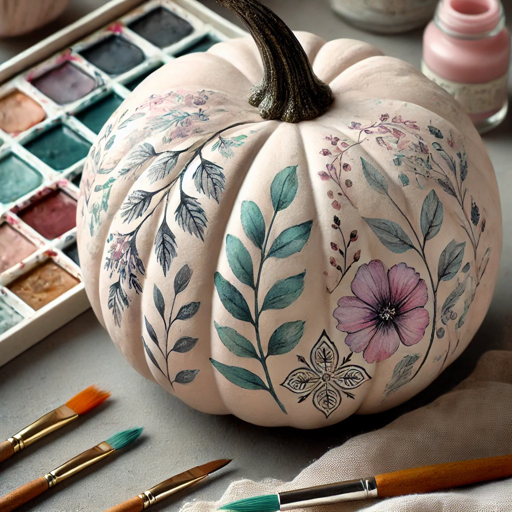 The image of a pumpkin painted with soft, blended watercolor shades, surrounded by watercolor brushes and palettes.