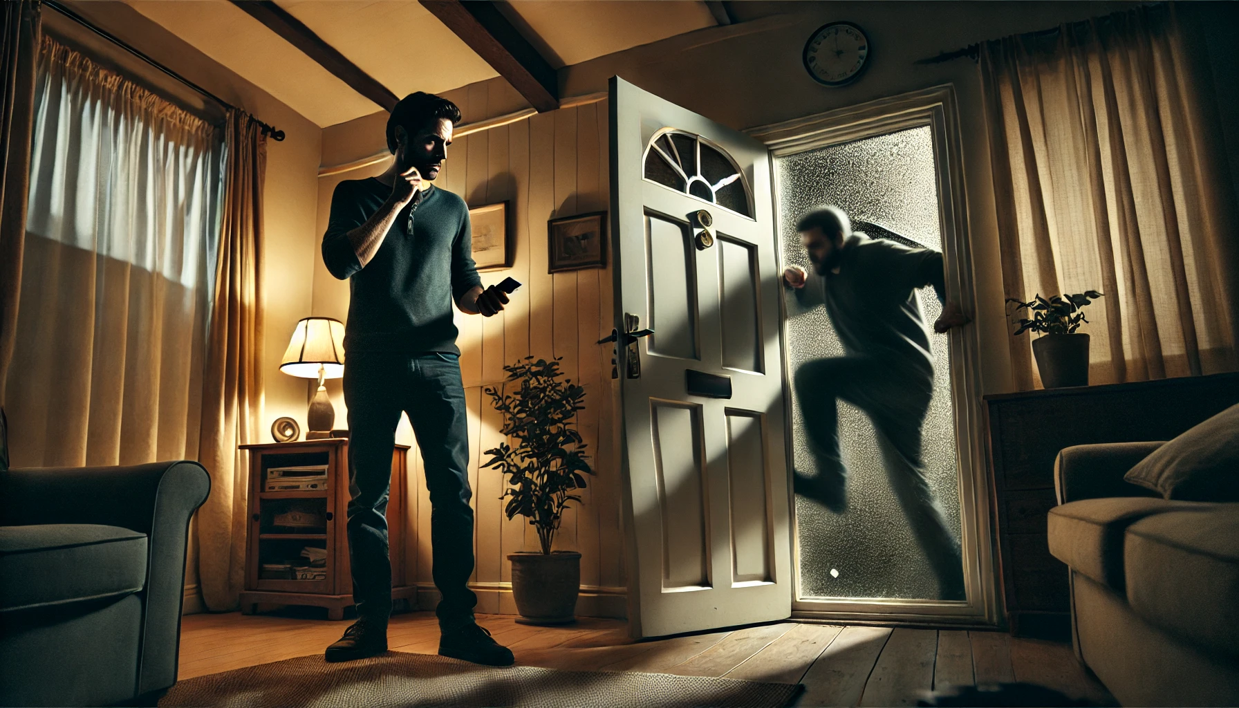 A dramatic scene showing a man standing inside his home, near the door, looking tense and defensive. The door is being kicked from the outside, visibl
