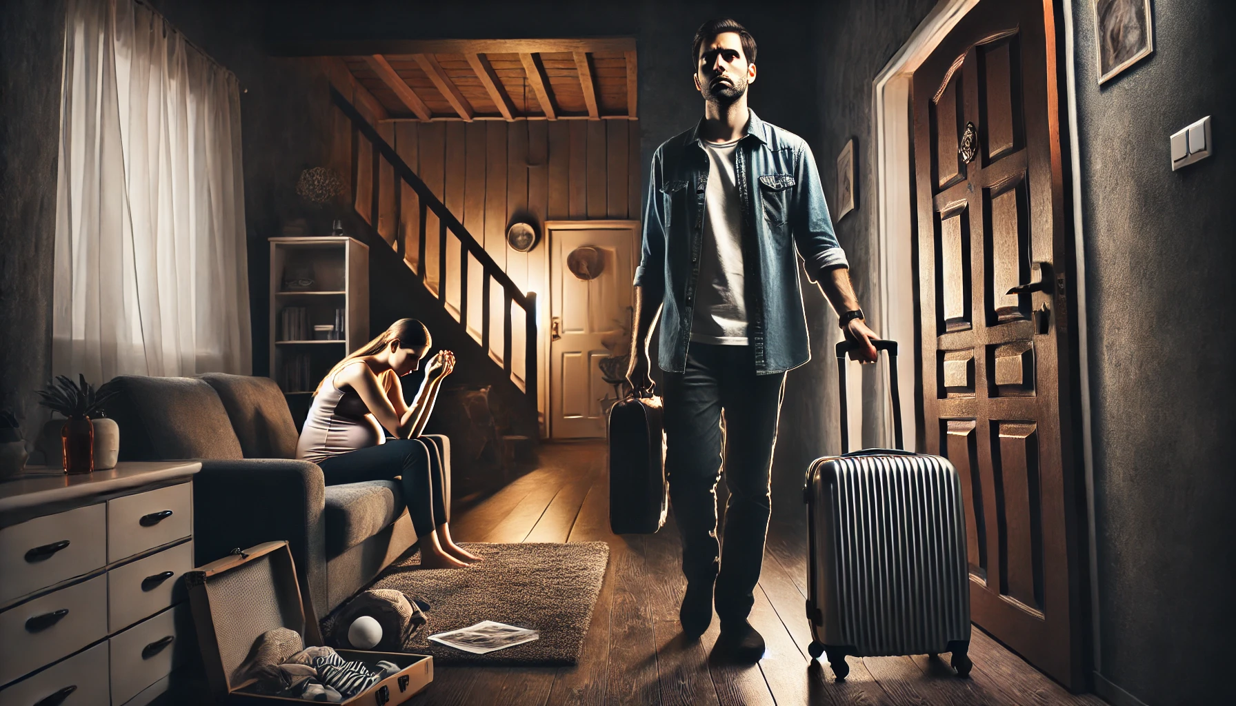 A dramatic and emotional scene showing a man standing by the front door of a dimly lit living room, holding a packed suitcase and looking conflicted b.