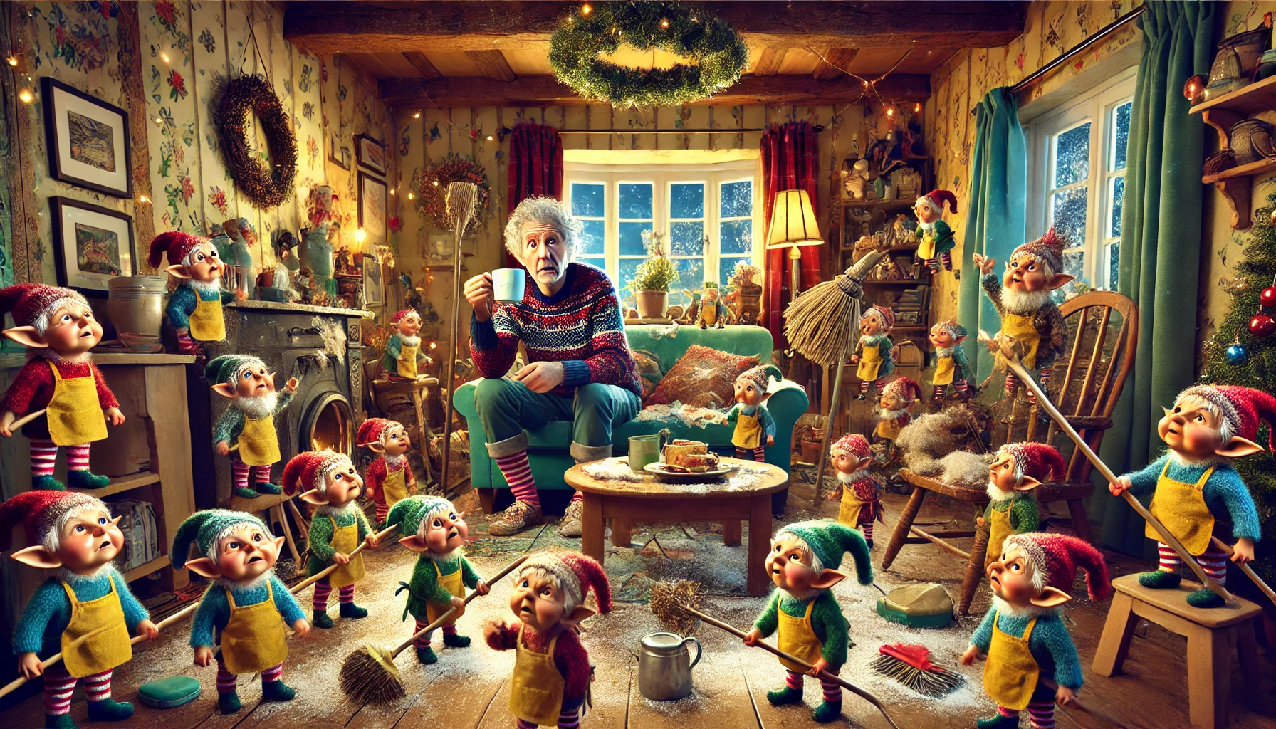A whimsical and humorous scene of a cozy, cluttered living room where tiny, magical house-cleaning elves are angrily glaring at a person holding a ste.