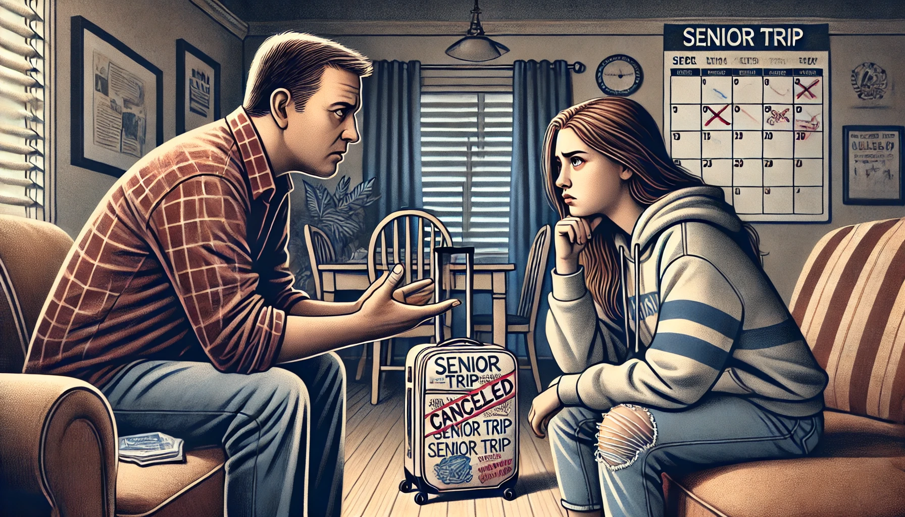 A dramatic illustration of a tense family situation, depicting a parent firmly talking to their teenage daughter in a suburban home. The parent looks