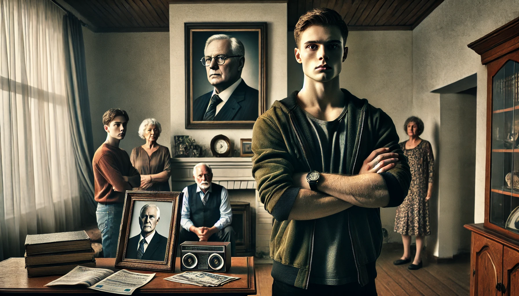 A dramatic and emotionally charged scene set in a modest family home. A young adult stands with arms crossed, looking firm and resolute, while an old