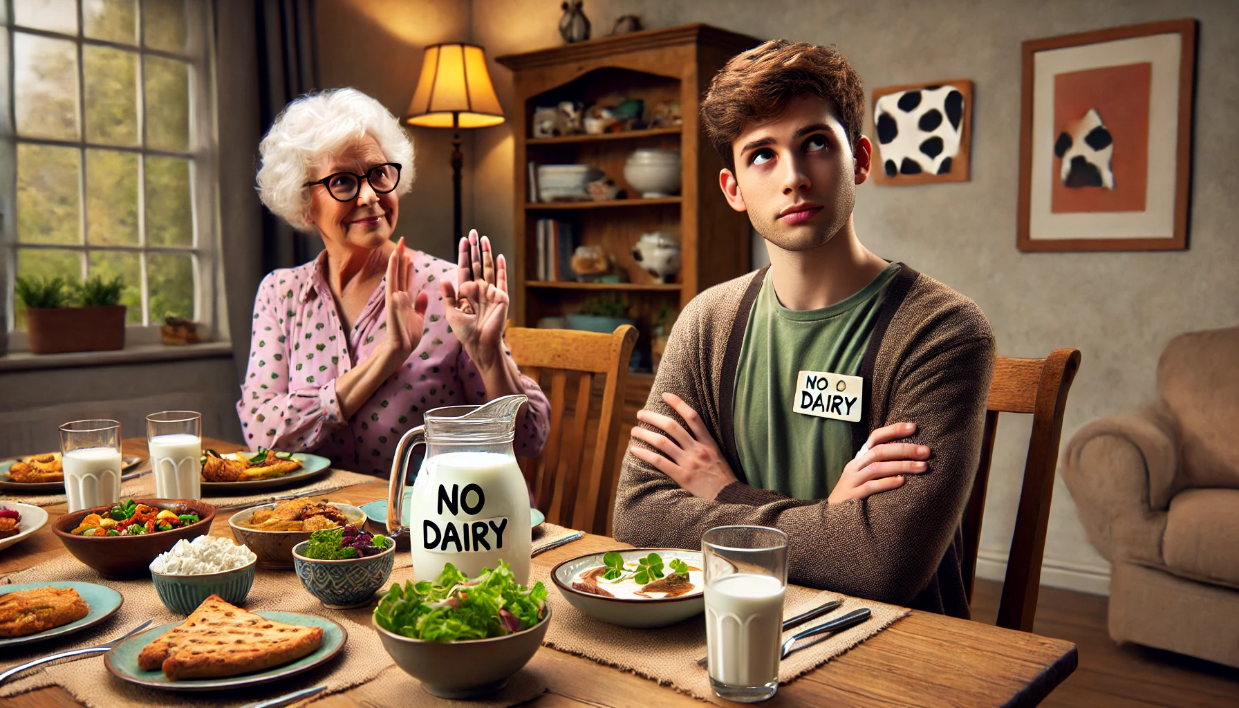 A humorous and lighthearted scene featuring a family dinner in a cozy dining room. A younger person sits at the table, politely declining a dish with .w