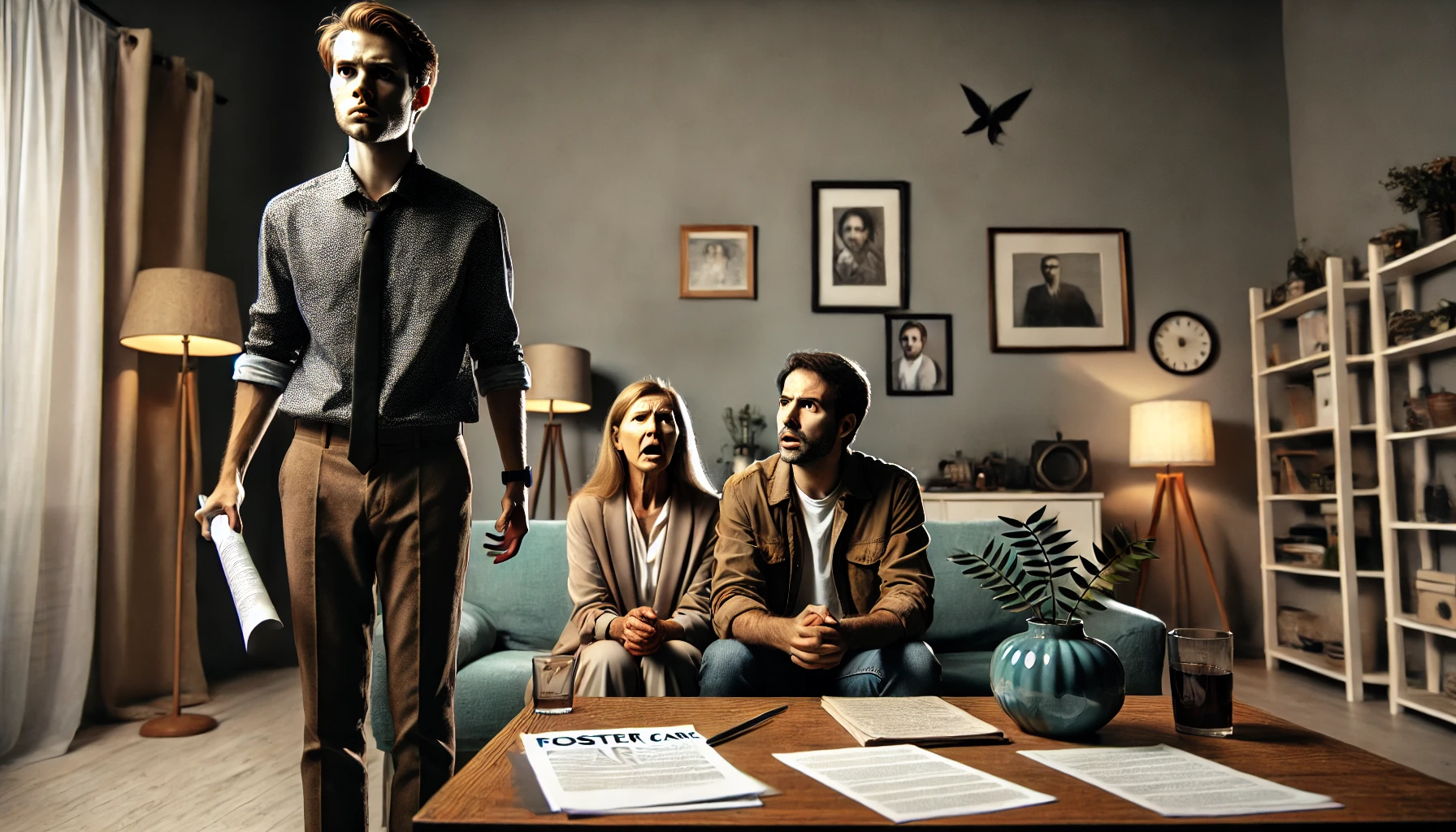 A dramatic and emotionally tense scene set in a family living room. A person (the narrator) stands firmly, looking frustrated and resolute, while a co.