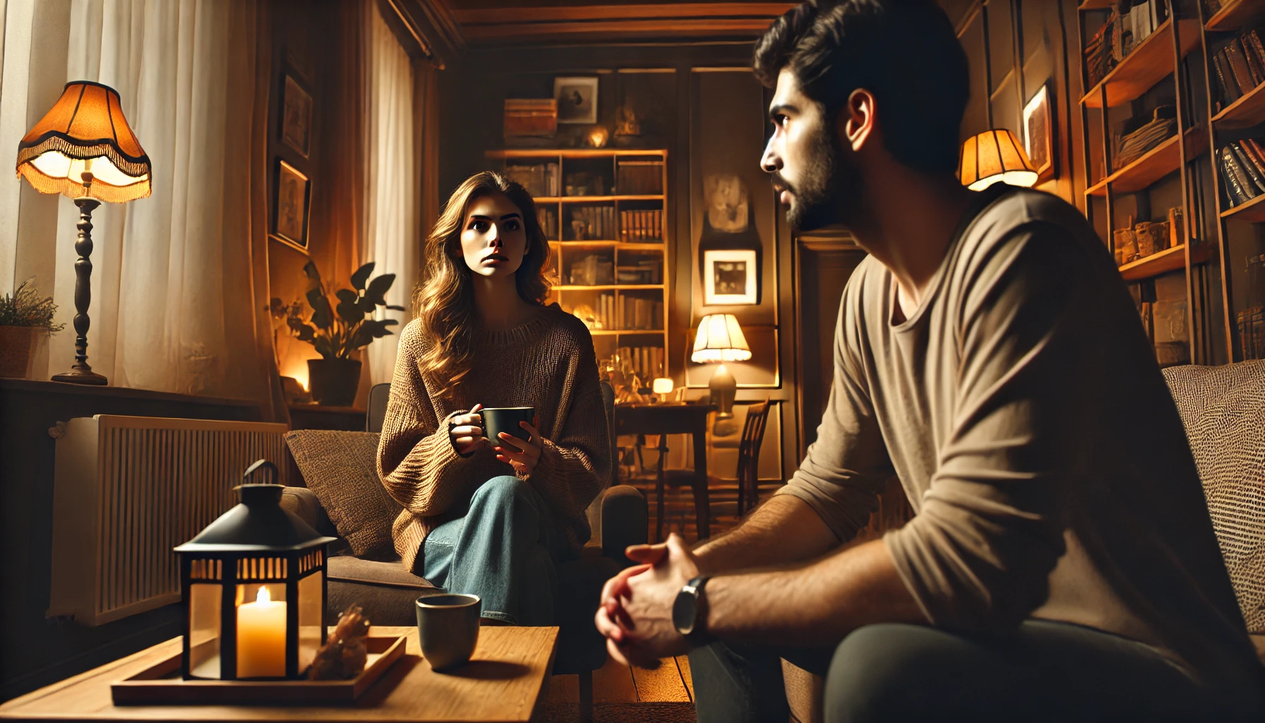 A dramatic and emotionally charged scene of a couple having a serious conversation in a cozy living room. The woman, looking calm yet resolute, sits
