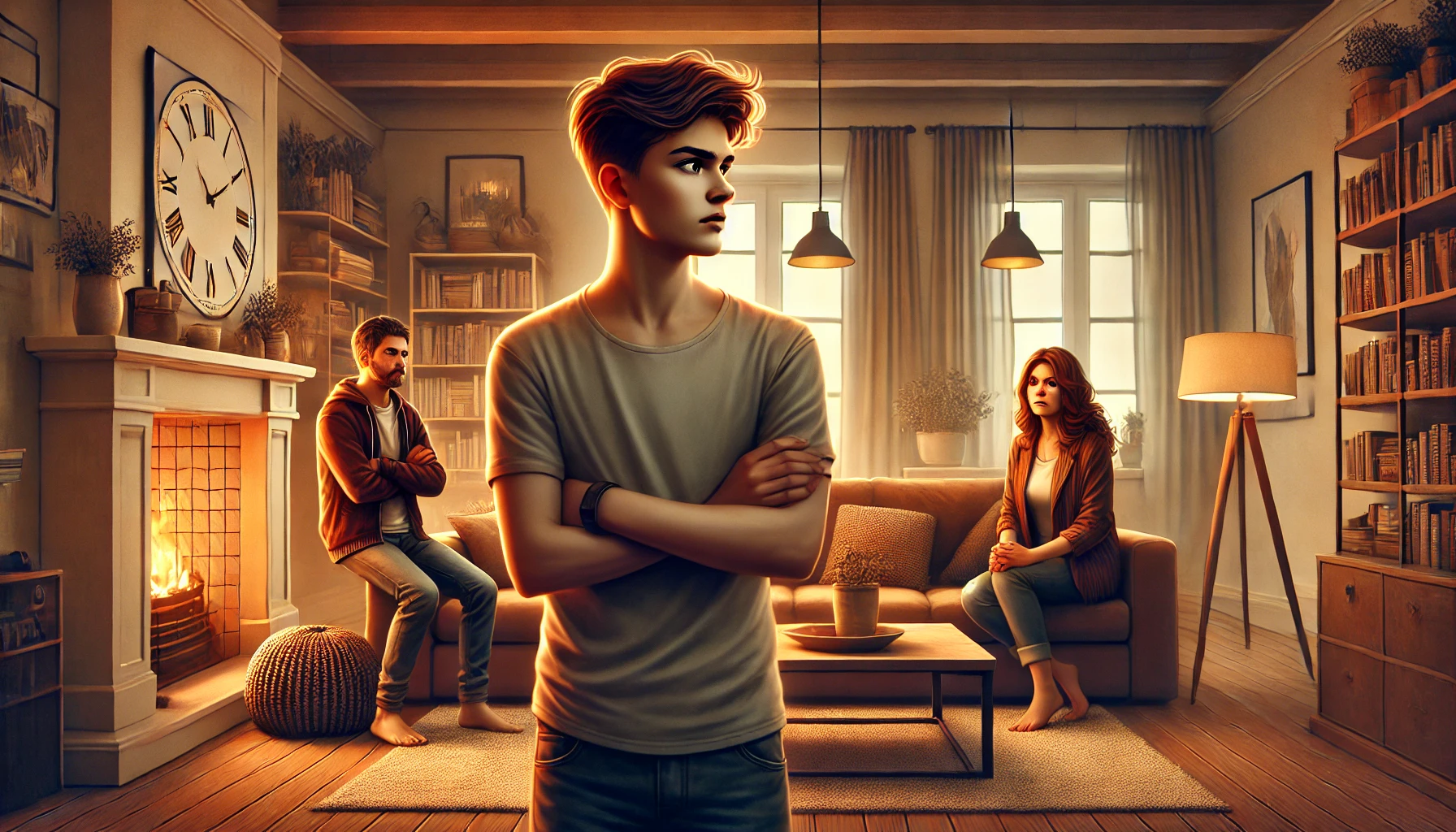 A dramatic wide illustration of a tense family scene in a cozy, modern living room. A young adult (gender-neutral) stands with crossed arms, looking