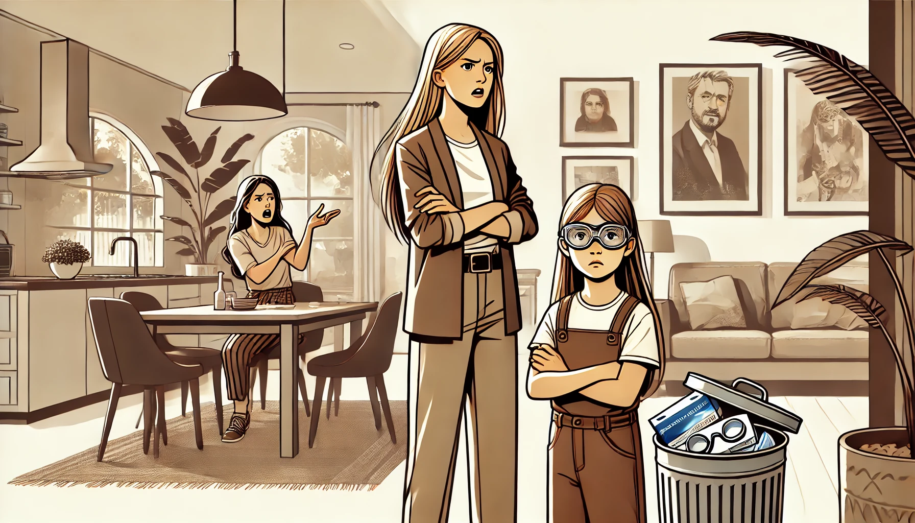 A wide illustration of a tense family moment in a modern home. A frustrated adult (a stepmother) stands next to a young teenage girl (stepdaughter), w