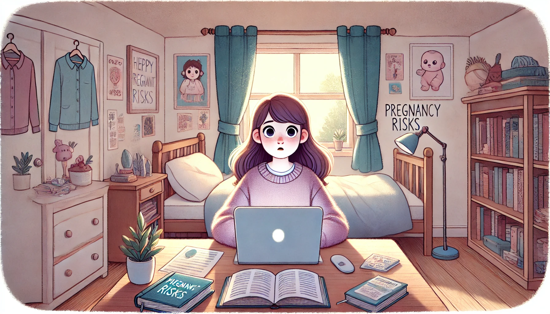 A wide illustration of a young, naive girl in a cozy bedroom setting, sitting at a desk with a laptop open and books scattered around, learning about