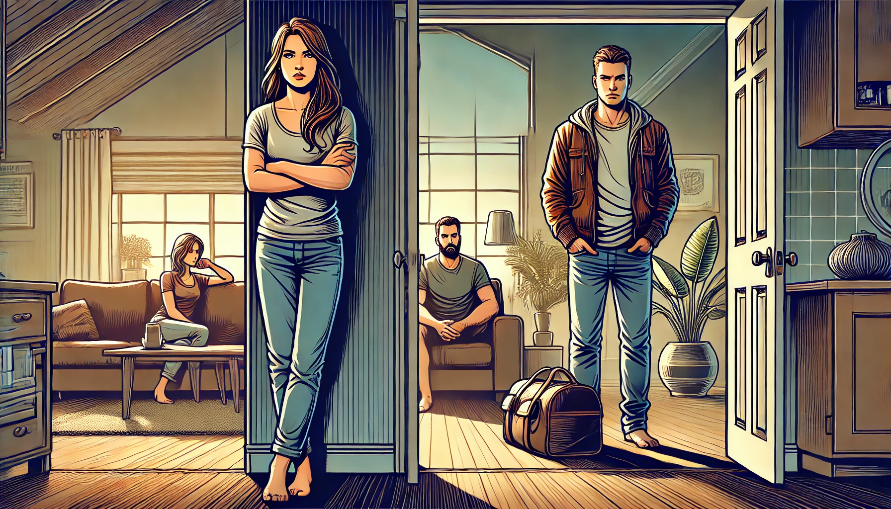 A wide illustration of a tense family scene set in the living room of a modern home. A woman (the narrator) stands at the doorway with a firm express