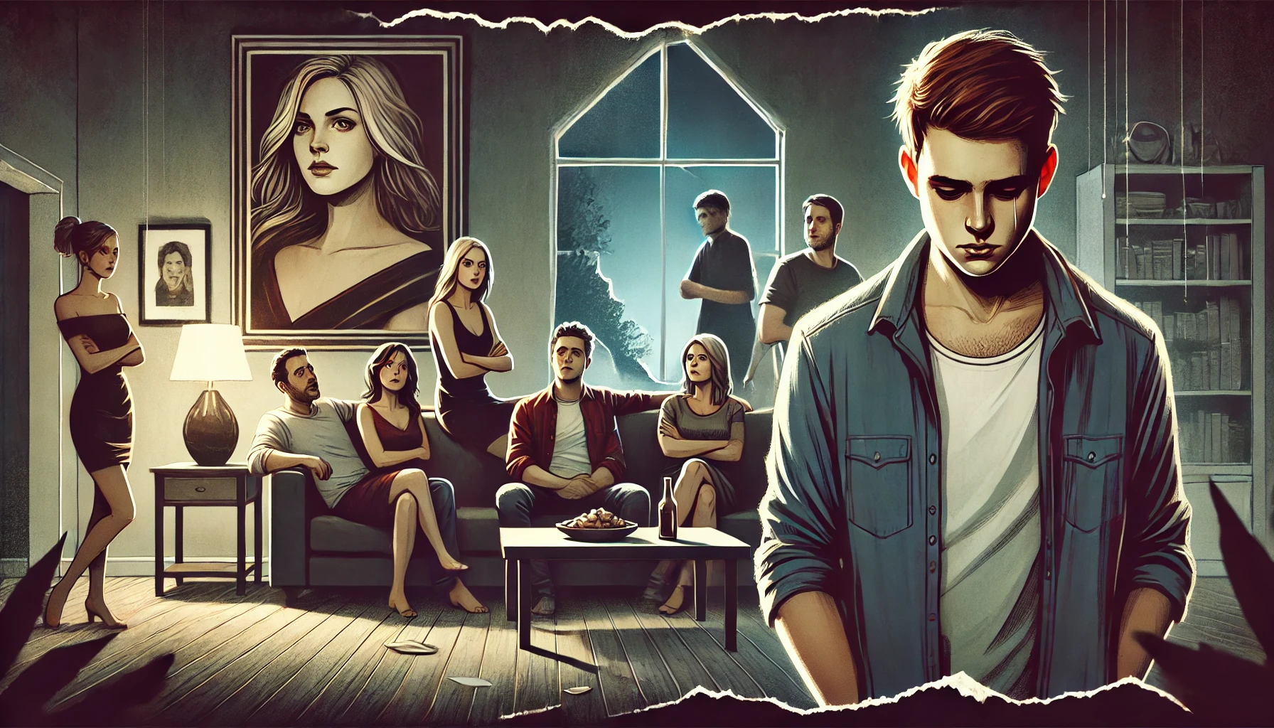 A wide illustration of an emotionally intense scene. A young man (the narrator) stands alone in a dimly lit living room, looking heartbroken and betra.we