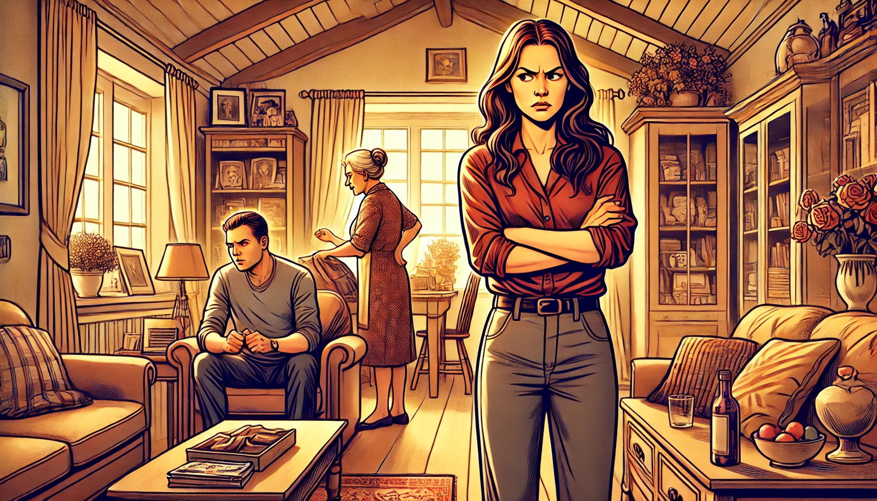 A wide illustration of a tense domestic scene in a cozy living room. A frustrated wife stands with her arms crossed, glaring at her husband, who looks