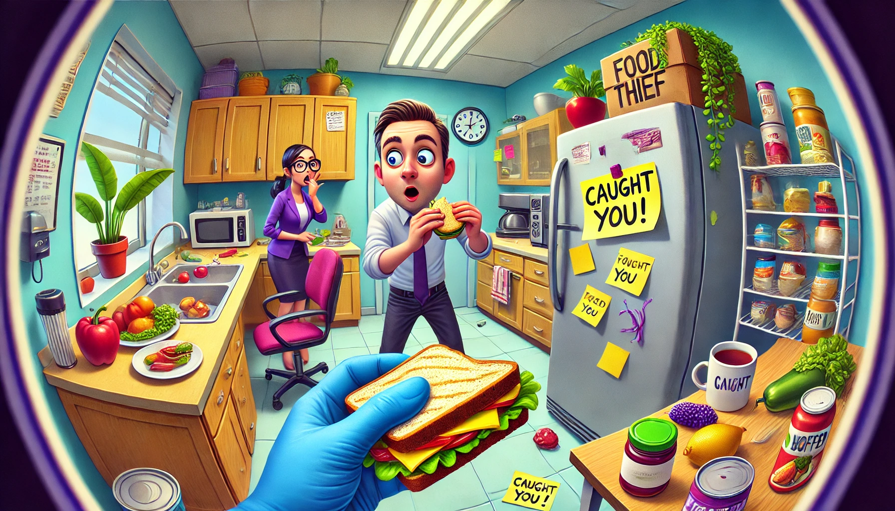 A humorous wide-angle illustration depicting an office kitchen scene where a 'food thief' is caught red-handed (or blue-handed) trying to sneak someon.w