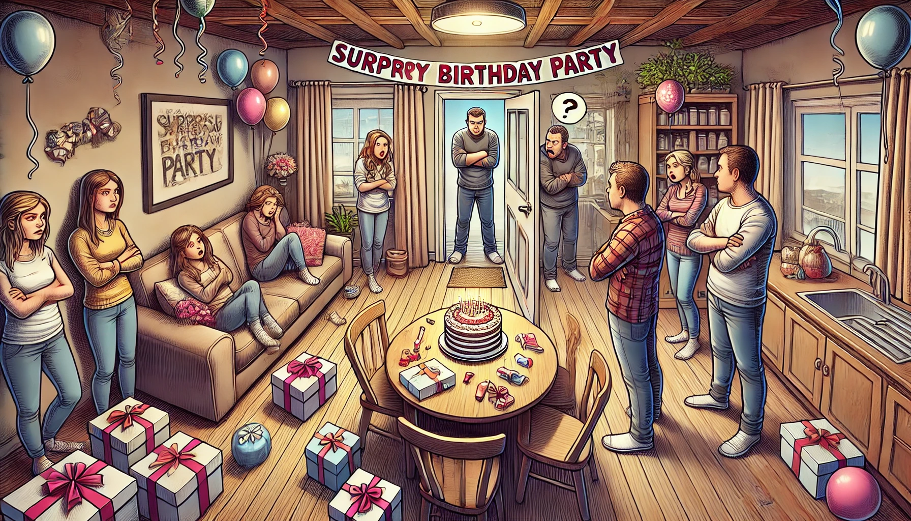 wide-angle illustration depicting a tense family scene where a surprise birthday party is being hosted in a modern living room without the consent o.