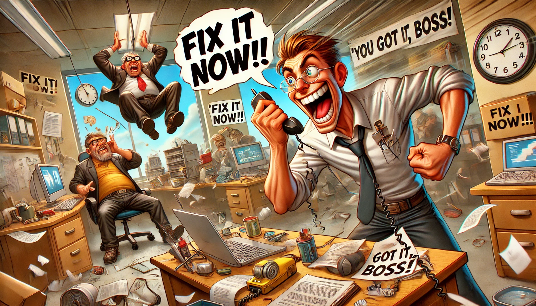 A dynamic and humorous wide-angle illustration of an office or workshop setting where a stressed-out boss is yelling, 'FIX IT NOW!!!' at an employee