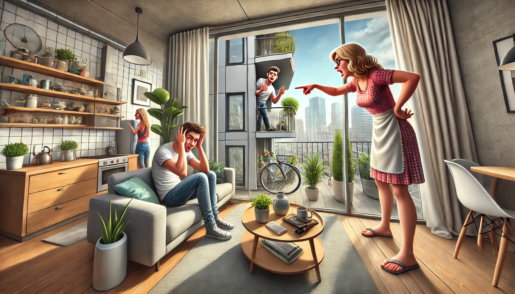 A humorous wide-angle illustration of an awkward family conversation in a modern apartment living room. A young adult sits on a couch, looking frustra.w