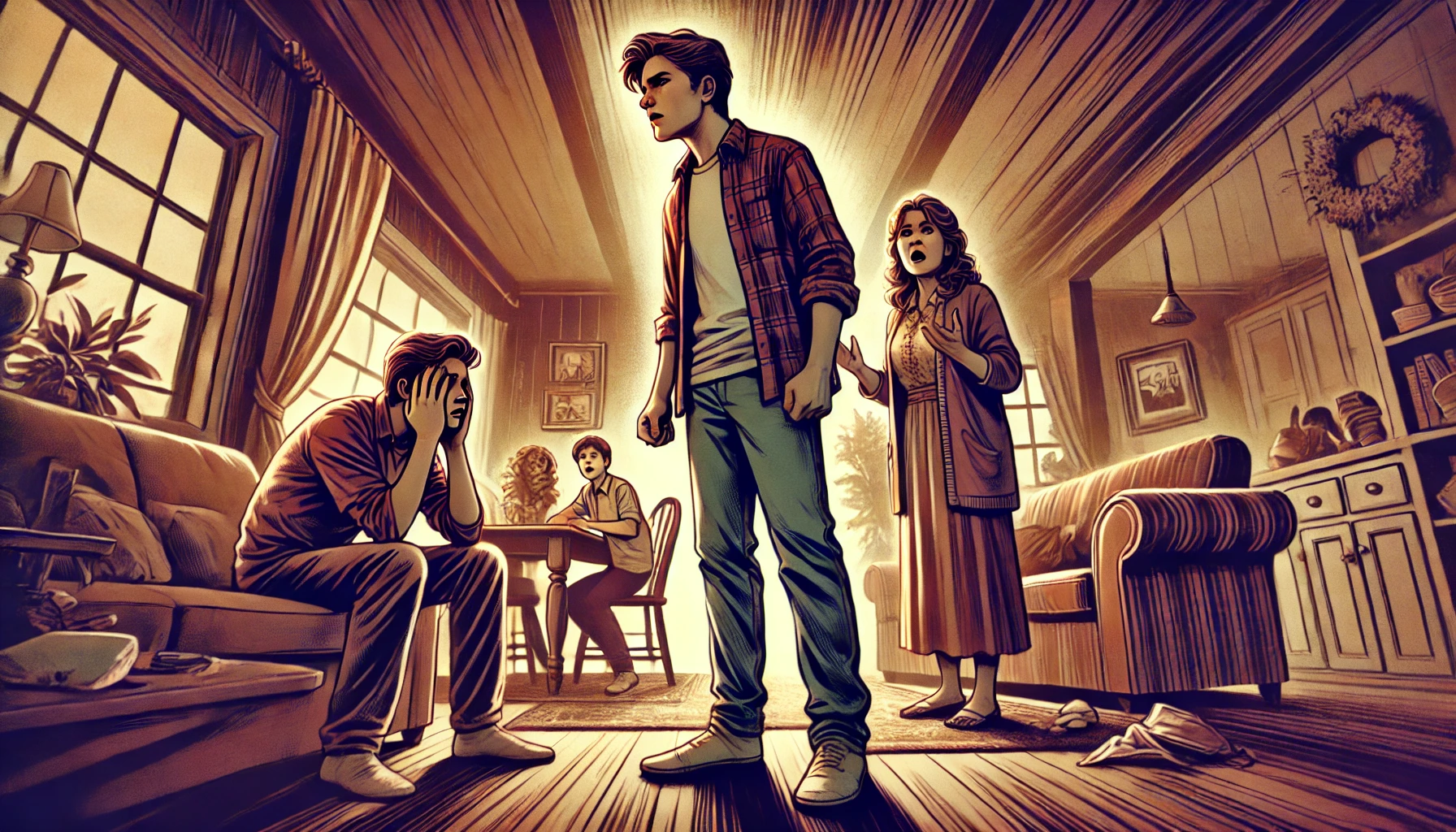 A dramatic and emotional wide-angle illustration showing a tense family confrontation. A young adult is standing in a living room, visibly upset,