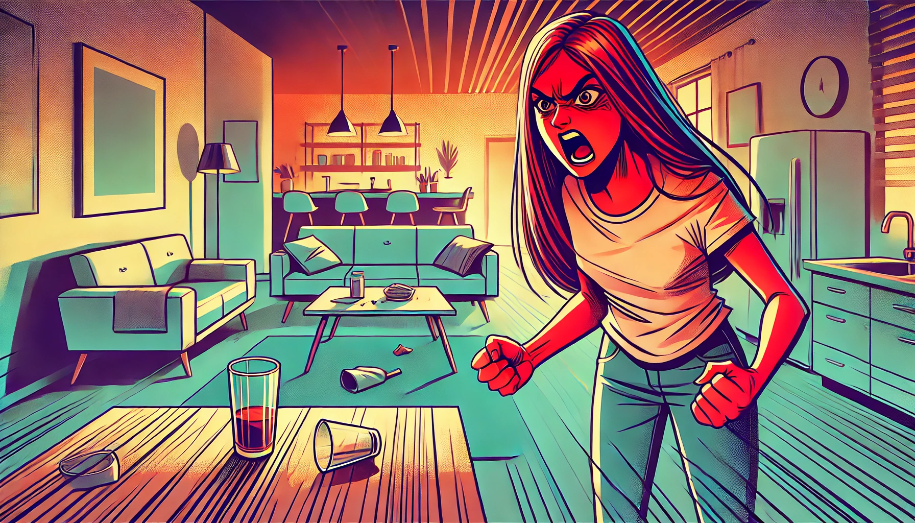 A wide-angle illustration of a dramatic scene showing a woman with her face bright red in anger, standing in a modern living room. Her fists are clenc.