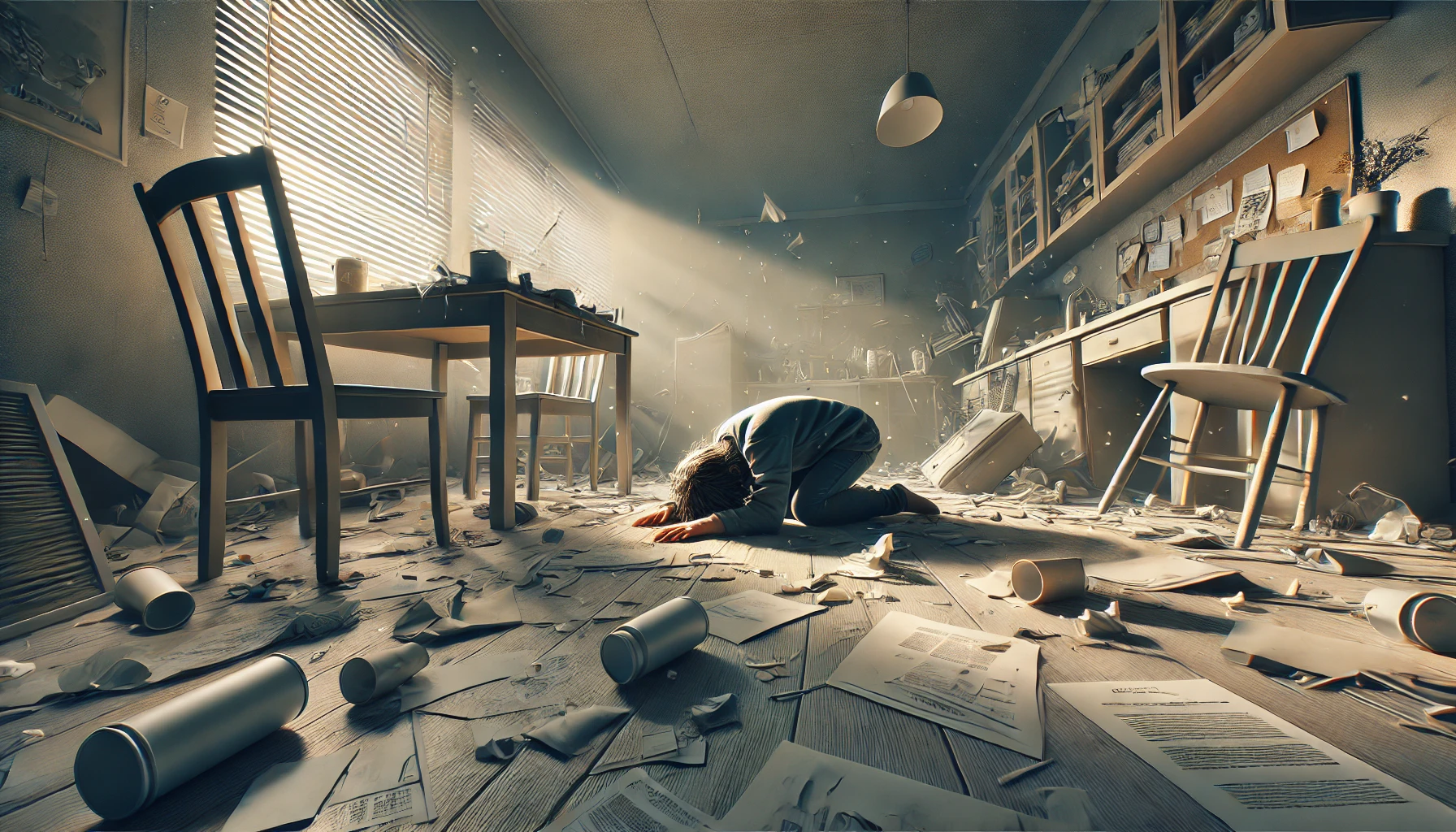 A wide-angle illustration of a dramatic moment where a person collapses in an emotional or physical exhaustion, set in a realistic environment. The sc