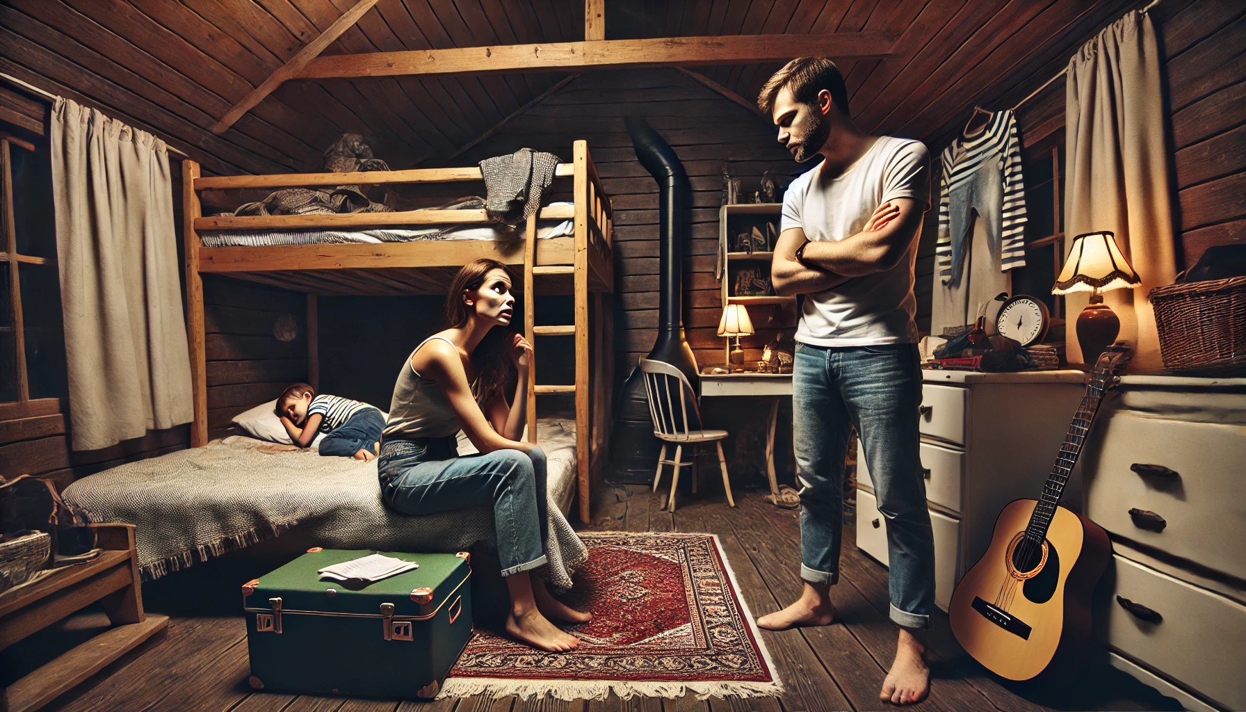 A dramatic scene depicting a couple in a heated argument inside a cozy but cluttered road trip setting. The scene includes an annoyed woman sitting on.
