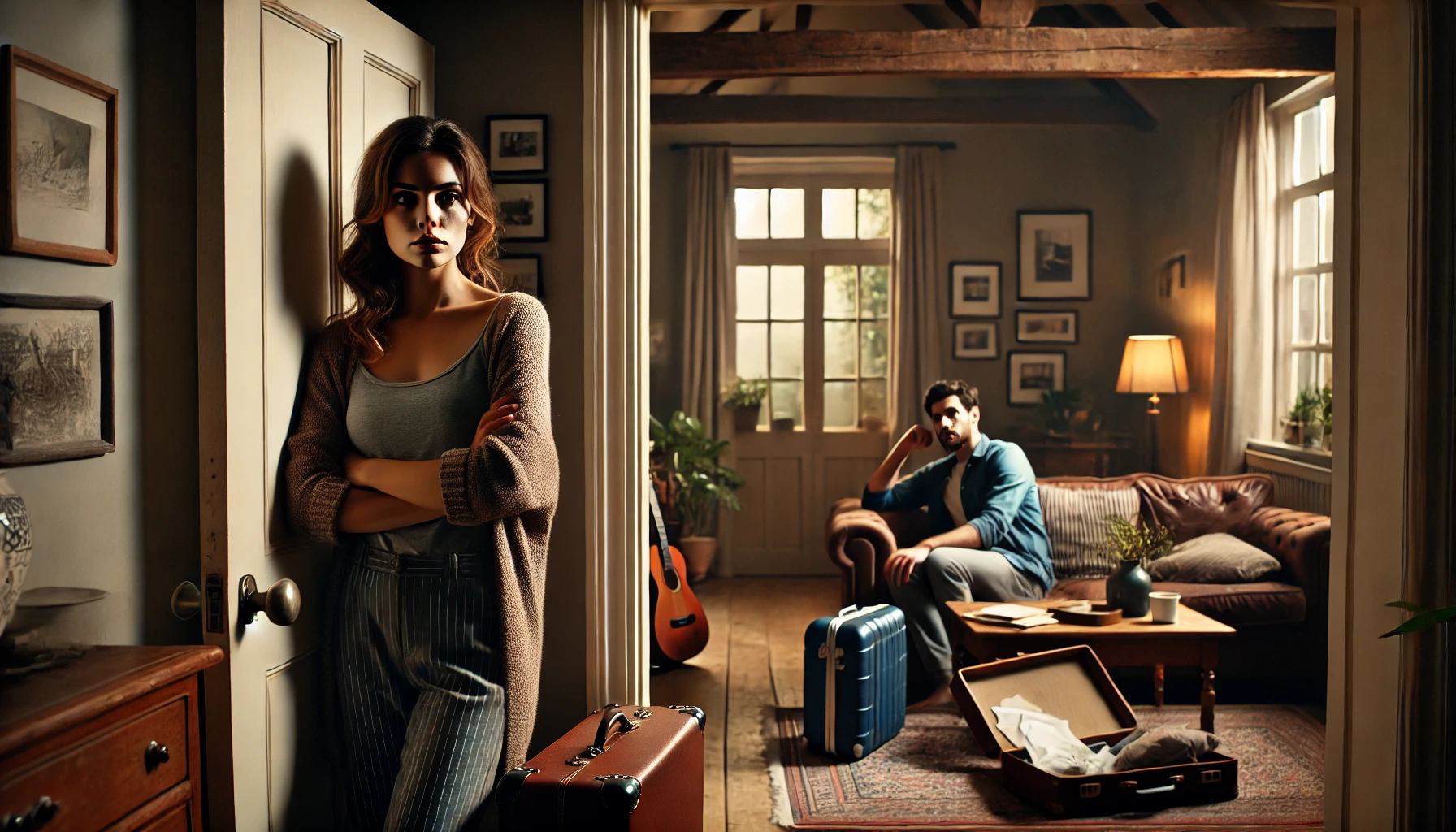 A dramatic scene showing a woman standing in a doorway of a cozy but tense living room, her expression a mix of frustration and resolve. A man is