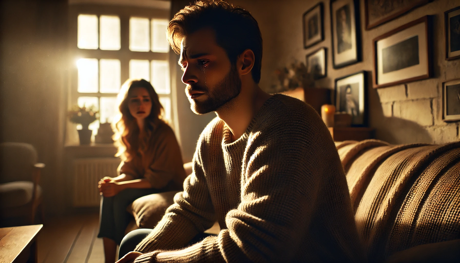 A heartfelt scene showing a couple in a warm and cozy living room. The husband is sitting on the couch, visibly emotional, with tears in his eyes, whi.webp