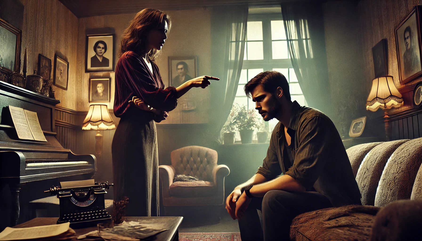 A dramatic and emotional scene depicting a tense confrontation between a man and a woman in a dimly lit living room. The woman is standing with an ac