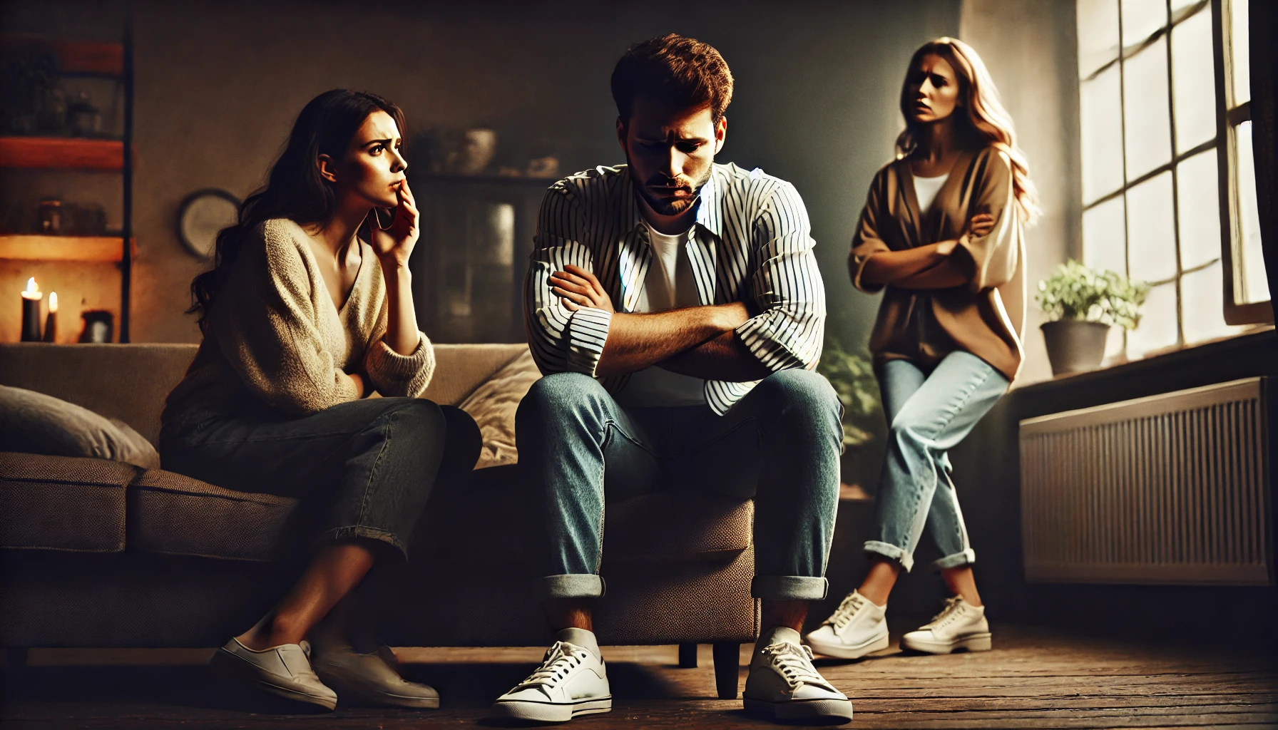 A tense and emotional scene depicting a man sitting between two women in a dimly lit living room. One woman, dressed casually, appears heartbroken and.we