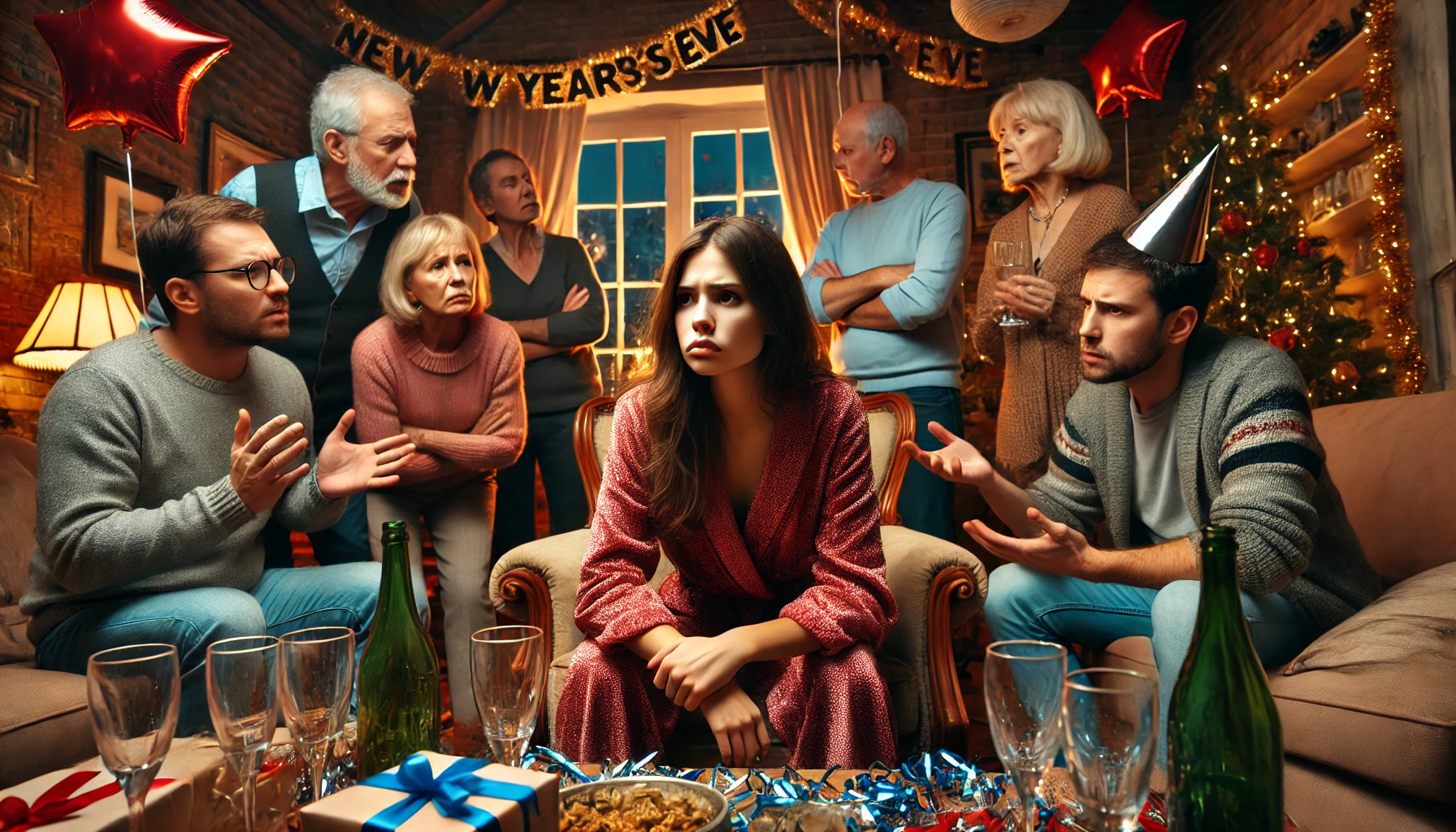 A vivid and emotionally charged scene showing a family gathering during New Year's Eve in a festive living room. The atmosphere is tense, with a woman