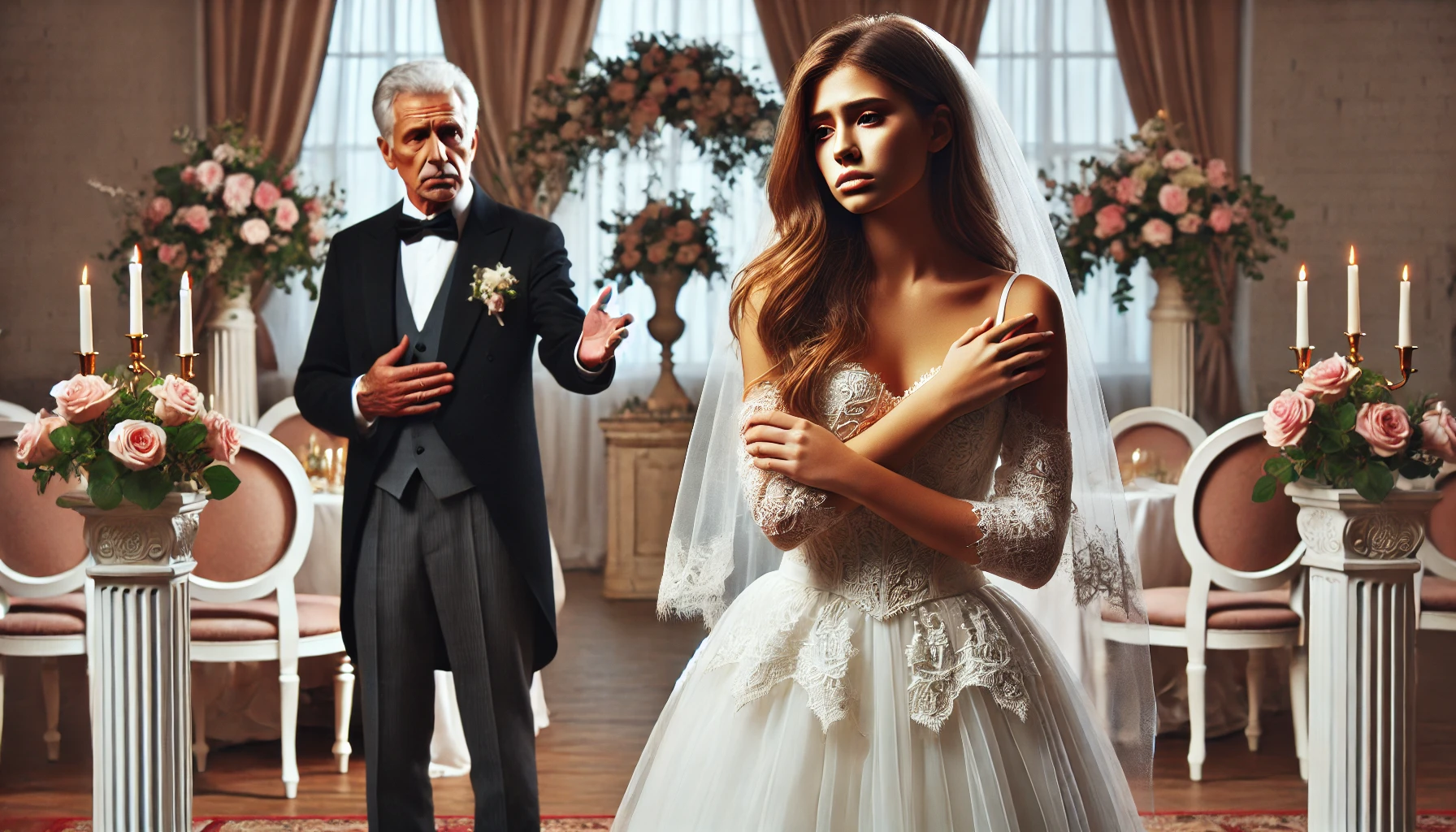 An emotional scene depicting a young woman dressed as a bride in a beautifully decorated wedding venue, standing apart from an older man who looks