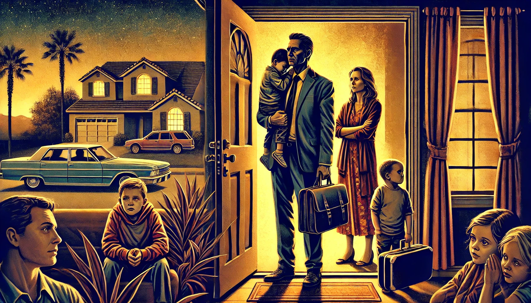 A dramatic and emotional wide illustration depicting a family conflict scenario. The scene shows a protective parent standing firmly at the doorway of