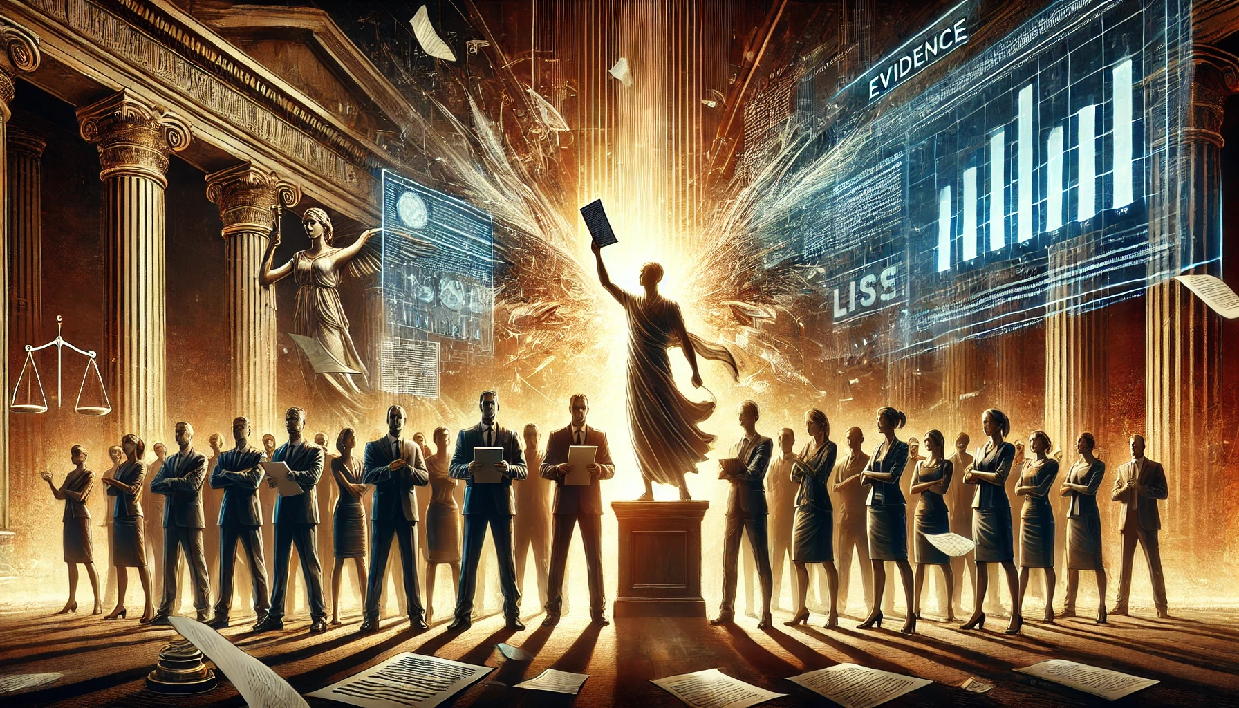 A-wide-and-dramatic-illustration-showcasing-a-group-of-determined-individuals-standing-united-holding-documents-and-evidence-with-an-intense-atmosph