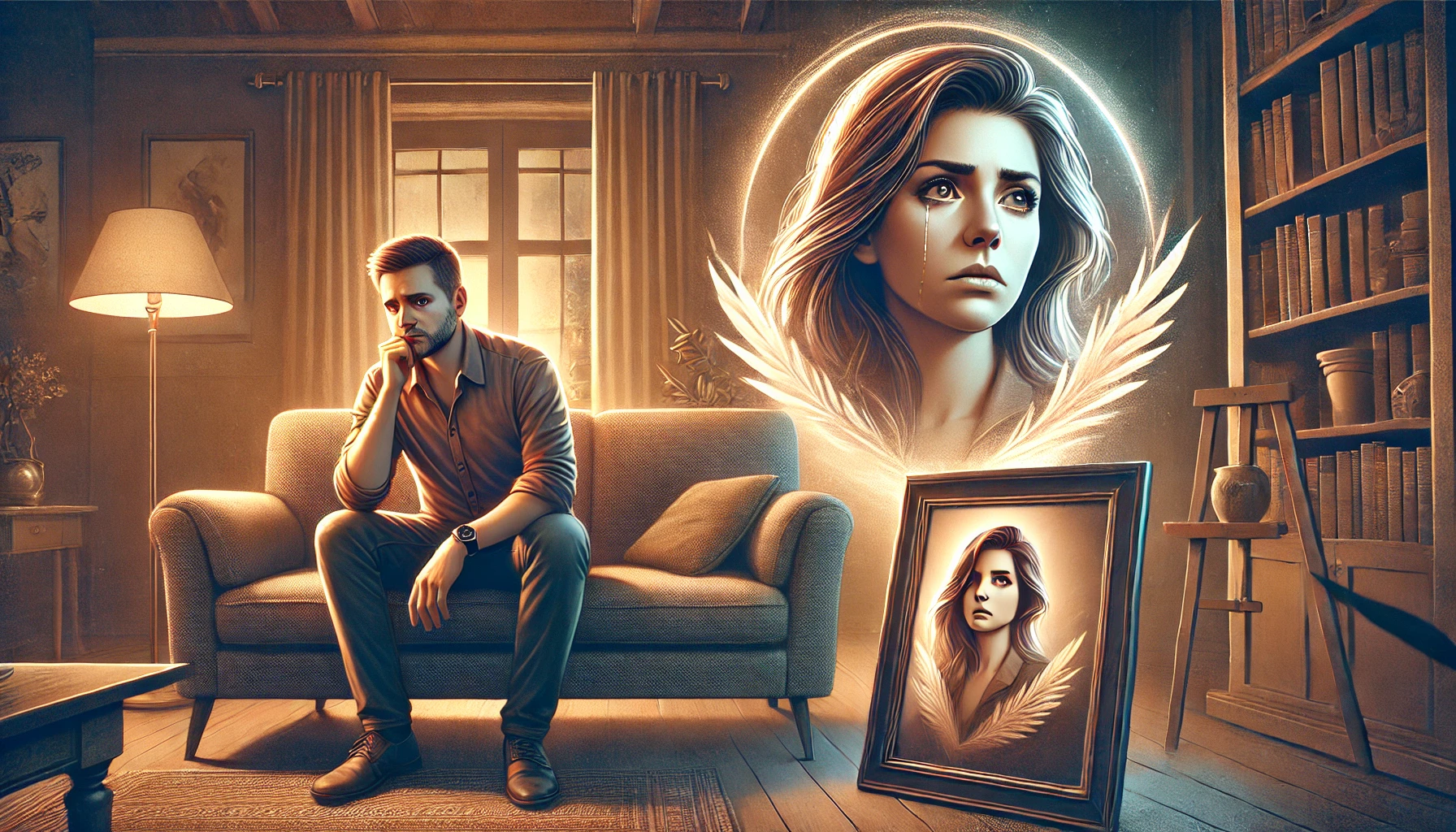 A visually emotive illustration showing a couple in a living room setting, with visible tension and sadness between them. The husband, sitting on one .