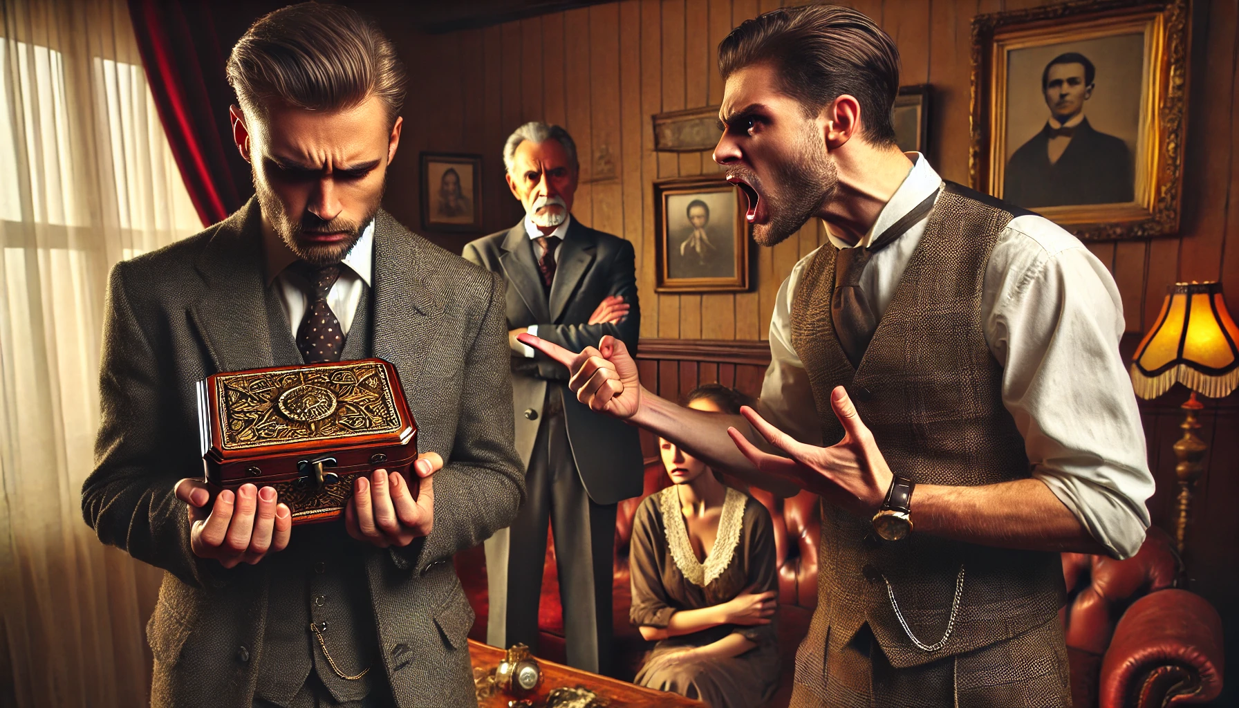 A dramatic scene in a family living room, with a man angrily pointing at another man who looks defensive and holds a small ornate heirloom box.