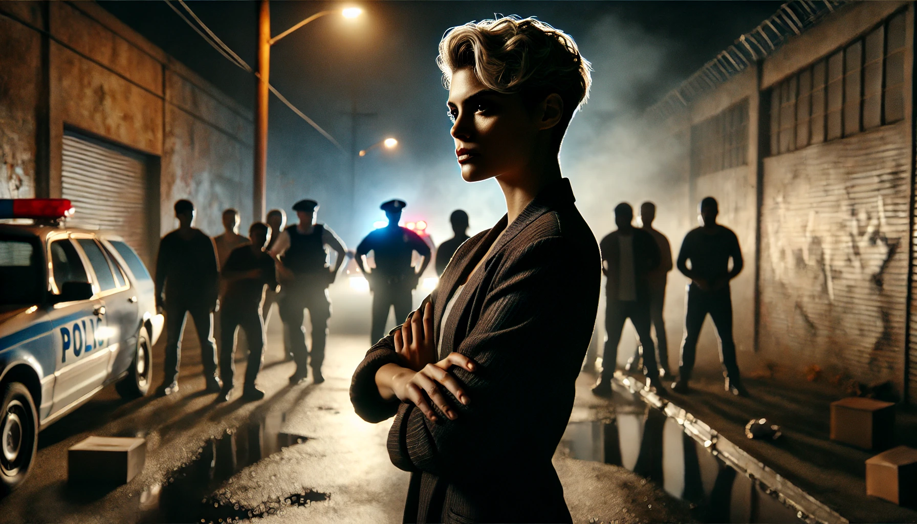 A dramatic and tense scene depicting a confrontation. A confident individual, standing firm with arms crossed, faces a group of people in a dimly lit .