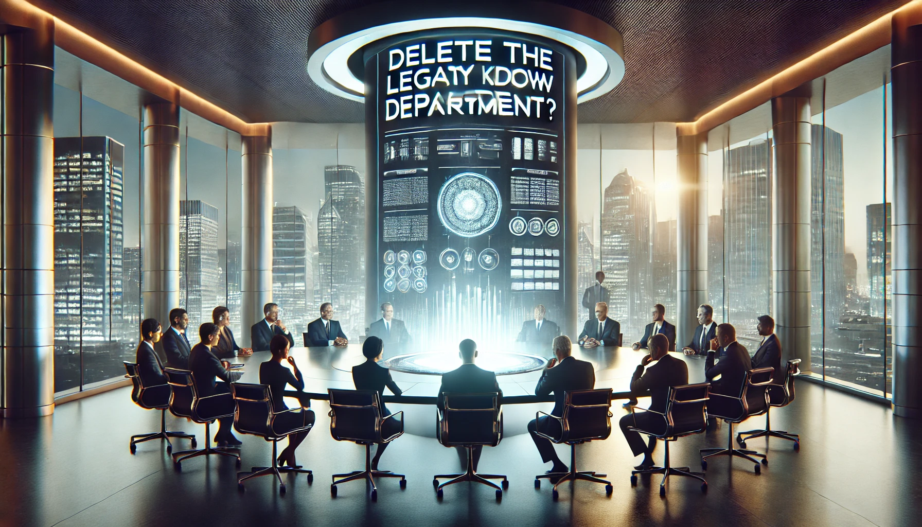 A dramatic depiction of a corporate boardroom with a futuristic, sleek design. The central focus is a digital screen displaying the words 'Delete the