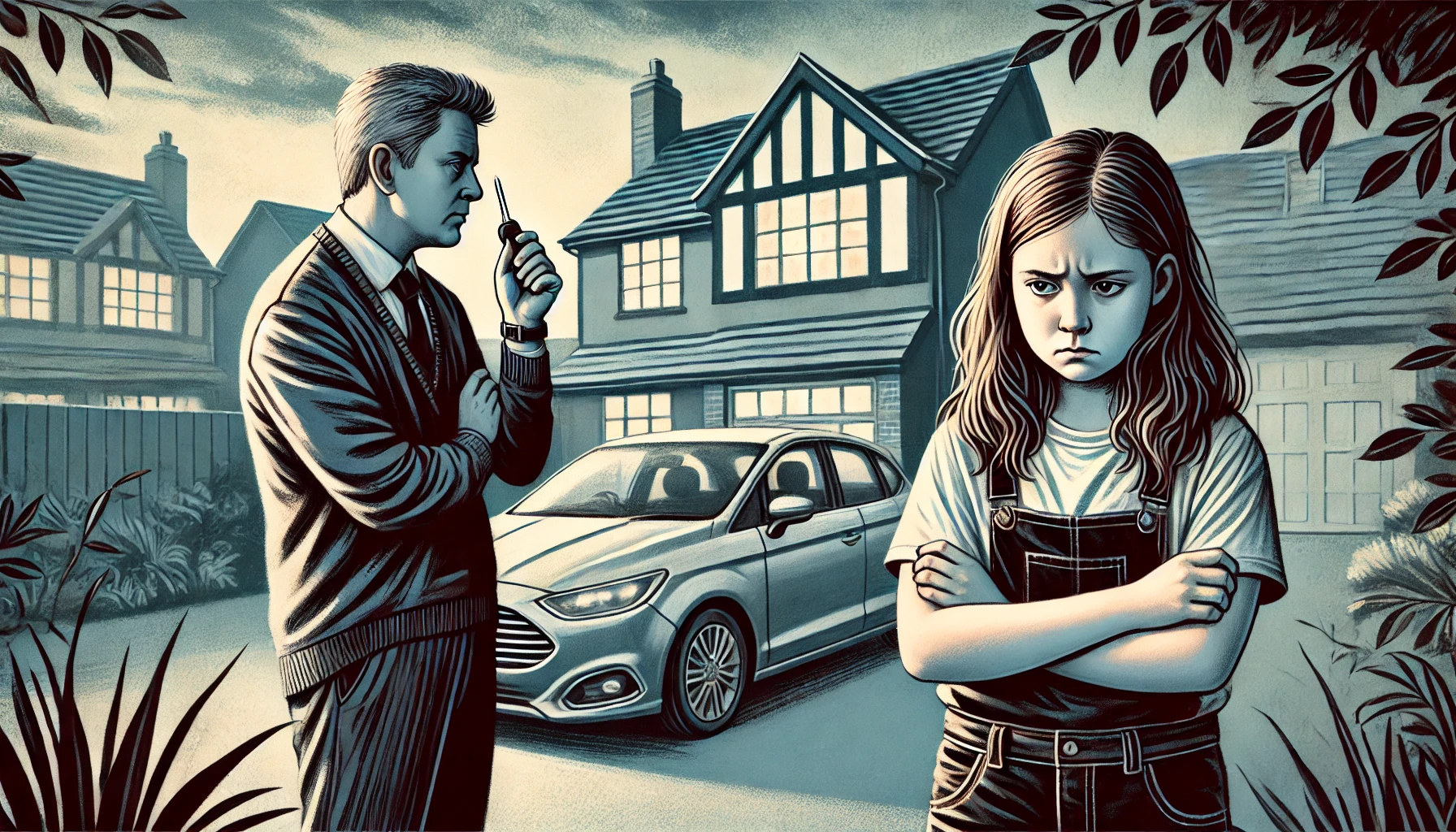 A wide illustration of a dramatic family confrontation about a car. The scene shows a middle-aged parent with a firm expression standing next to a car